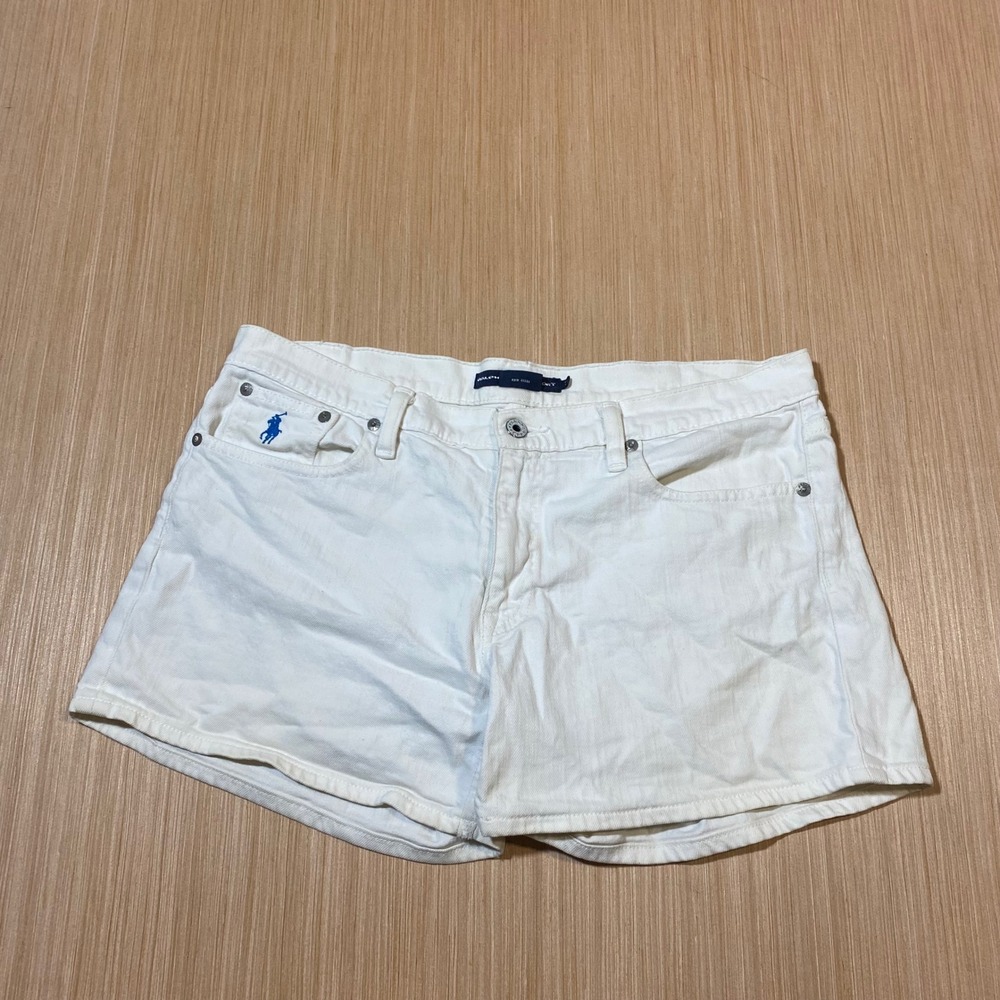 Ralph Lauren Sport Womens White Denim Shorts Size 31 Blue Pony Logo Preppy